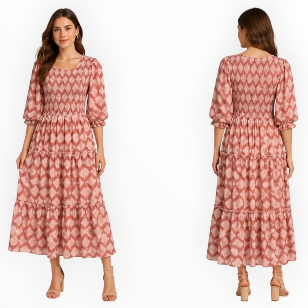 Jessakae Pink Smocked Puff Sleeve Tiered Maxi Dress Size Medium